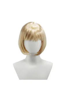 Detail shot of the light blonde short straight bob wig with bangs on a mannequin head.