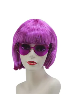 Short purple bob wig with bangs and cute heart sunglasses, perfect for casual parties and cosplay.
