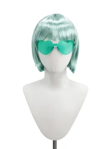 Short mint green bob wig with bangs and cute heart sunglasses for casual party dress up.