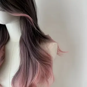 Parrucca lunga riccia da donna ciocche rosa riga in mezzo capelli sintetici copricapo