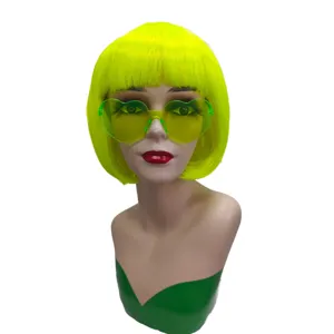 Neon yellow bob wig with bangs short straight synthetic hair party fashion wig green heart sunglasses