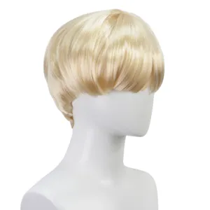 Goldene kurze Bob Perücke mit geradem Pony, synthetisches Haar Seitenansicht Damen Alltag.