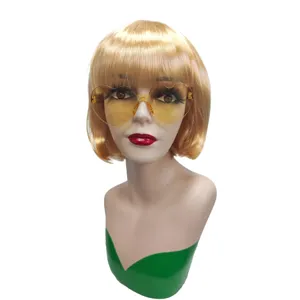 Blonde bob wig short straight hair with bangs and cute heart sunglasses detail view.