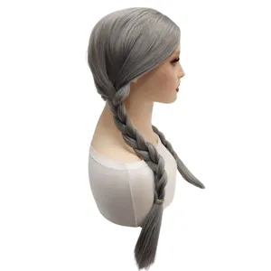 Long gray braided wig for women, heat resistant synthetic hair for daily wear and cosplay.