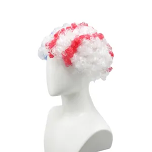 Red white and blue afro curly wig for sports fan cheering parties and football match events.