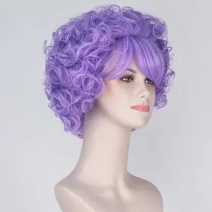 Peluca corta rizada morada esponjosa, peluca de cosplay de rizo para fiestas temáticas.