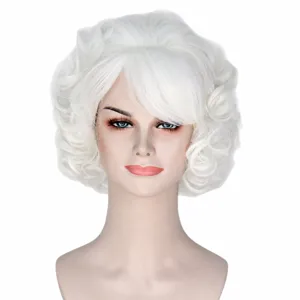 Peluca corta y rizada blanca retro para mujeres disfraz cosplay vintage ondulado cabello