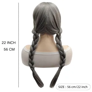 Synthetic grey long braided pigtails wig for women heat resistant cosplay hair 22 inch