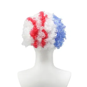 Red white and blue afro curly wig for sports fans, short fluffy hair for matches and parties.