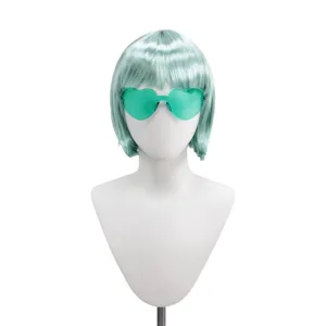 Mint green short bob wig with heart sunglasses, trendy student straight hair for party.