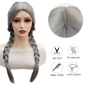 Grey synthetic long braided wig with center parting, heat resistant costume hair for women.