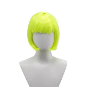 Neon yellow short straight bob wig with neat bangs for women, stylish synthetic hair for party.