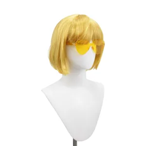 Gold bob wig with bangs and yellow heart sunglasses for women party wear daily style