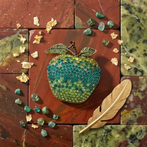 Exquisite gradient green rhinestone apple brooch close-up, sparkling crystal fruit pin detail view.
