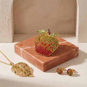 Elegant gradient rhinestone apple brooch, leaf necklace and earrings jewelry set for women.
