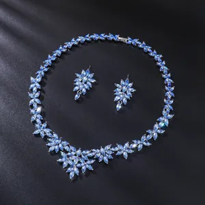 Elegant blue crystal floral necklace and earrings jewelry set for women wedding party.