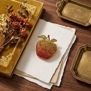 Rhinestone apple brooch, gradient crystal stones, elegant fashion fruit pin for women outfits.