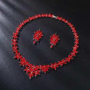 Red crystal necklace earrings set bridal wedding evening dress jewelry luxury fashion set.
