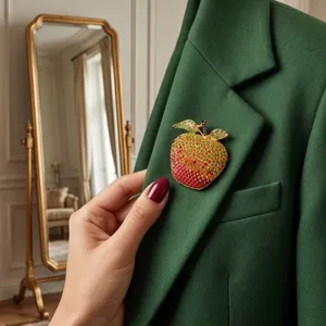 Exquisite full-diamond gradient apple brooch detail, elegant fruit pin luxury corsage accessory.