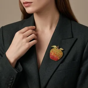 Exquisite colorful rhinestone gradient apple brooch, luxury fashion crystal fruit pin for women.