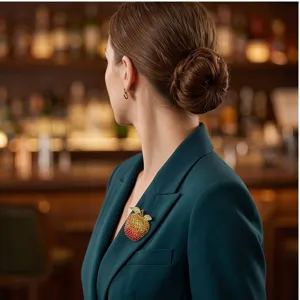 Close-up detail of a stunning gradient crystal apple brooch worn on a dark green blazer.