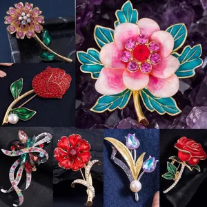 Elegant Zinc Alloy Enamel Botanical Flower Feather Brooch Pins For Women Vintage Luxurious Rhinestone Artificial Pearl Clothes Accessories Jewelry Gift