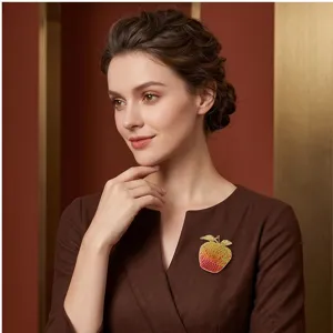Detail shot of a stunning gradient rhinestone apple brooch, elegant lapel pin accessory.
