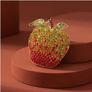 Exquisite gradient rhinestone apple brooch, luxury fashion fruit pin for women clothing accessory.