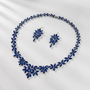 Blue rhinestone necklace earrings set for women elegant bridal jewelry party accessories
