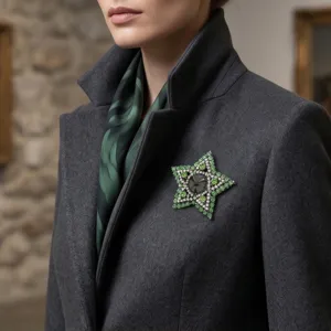 Elegante vintage ster kristal broche voor vrouwen, groene strass pak accessoire detail.