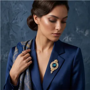 Detailansicht der Vintage Blaue Edelstein Brosche, elegante Gold Anstecknadel für Damen.