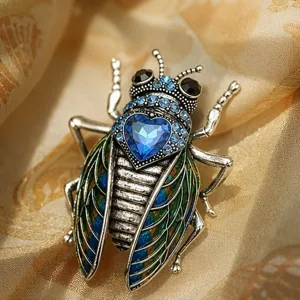 Vintage Rhinestone Insect Cicada Brooch Alloy Enamel Crystal Animal Pin Fashion Clothing Accessories For Women