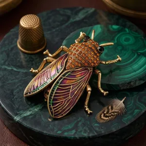 Vintage rhinestone cicada brooch, elegant metal insect corsage for women's stylish clothing.