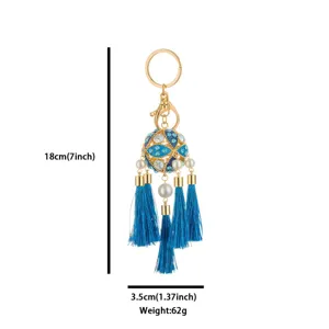 Chinese style rhinestone tassel keychain alloy embroidered ball pendant for car bag decoration
