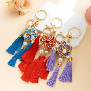 Chinese Style Original Design Hydrangea Rhinestone Tassel Keychain Alloy Hydrangea Ball Metal Keyring Car Bag Pendant Decoration