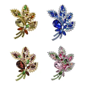 Vintage Luxurious Alloy Rhinestone Flower Leaf Brooch Premium Crystal Glass Safety Pin Dress Coat Clothing Decoration For Women Jewelry Gift