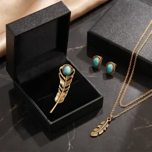 Vintage turquoise feather brooch necklace earrings set elegant fashion jewelry gifts