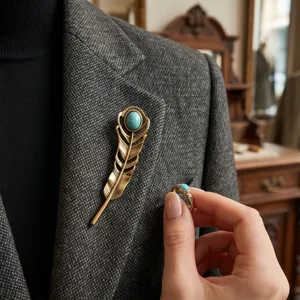 Vintage feather brooch and ring set, luxury high-end suit lapel accessory, fashion pin.