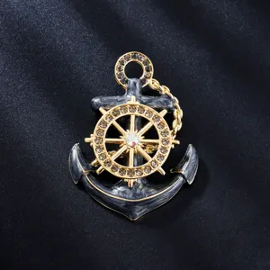 Vintage Zinc Alloy Electroplated Anchor Brooch Unisex Trendy Rhinestone Geometric Steering Wheel Chain Pin Jewelry Gift