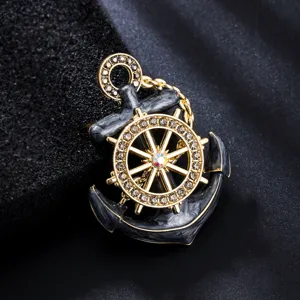 Vintage zinc alloy anchor ship wheel brooch crystal rhinestone pins for men and women fashion