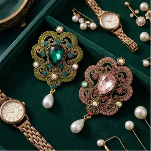 Broche vintage de cristal barroco elegante estilo corte perla falsa gota solapa para mujeres moda