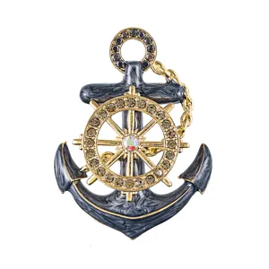 Exquisite anchor ship wheel brooch, zinc alloy rhinestone pin, detailed luxury jewelry.