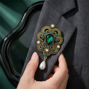 Broche retro barroco perla esmeralda, elegante pin de solapa de aleación con pedrería para mujer.