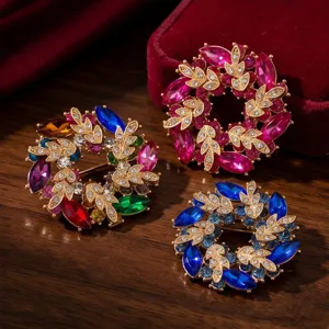 Vintage bunte Strass Kranz Brosche Set, exquisite goldfarbene Blätter Design Anstecknadel.