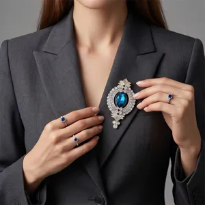 Vintage blaue Kristall Strass Brosche und Ringe Set fuer Damen elegante Anzug Jacke Schmuck