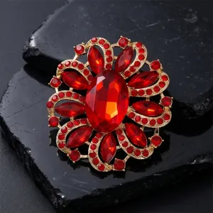 Elegante rote Kristall Blumen Brosche für Damen, Luxus Strass Anstecknadel Mantel.