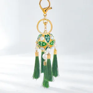 Chinese style green rhinestone embroidered ball keychain with pearls and tassels for car bag charm