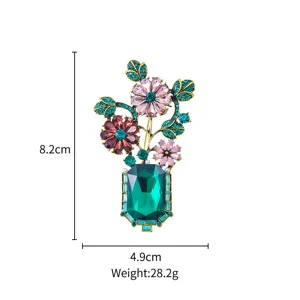 Vintage Crystal Flower Vase Brooch Elegant Colorful Rhinestone Apparel Pin Jewelry 8.2cm