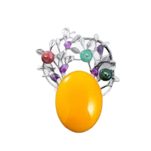 Rétro style ethnique imitation ambre broche, alliage incrusté pierres précieuses femmes bijoux.