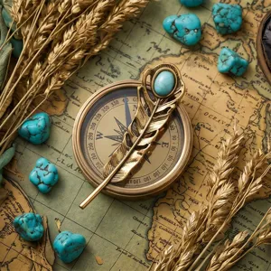 Vintage feather brooch detail shot, exquisite metal craftsmanship with turquoise stone inlay accent.